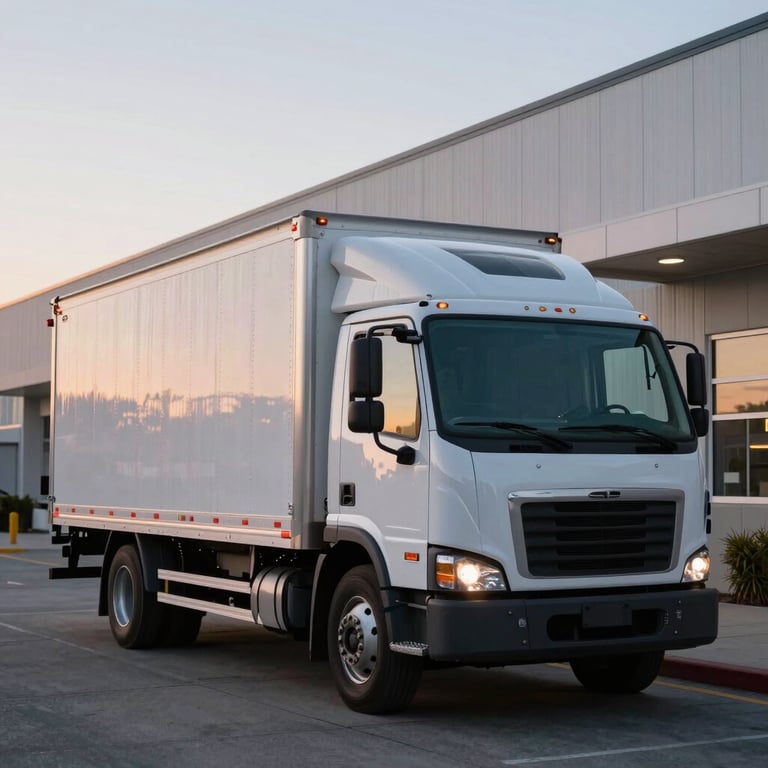 A box truck parked outside a modern distribution center in Canada during the calm of twilight.