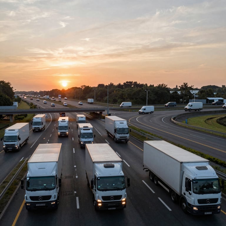 A wide shot of a busy highway interchange at sunset with various logistics vehicles moving efficiently.