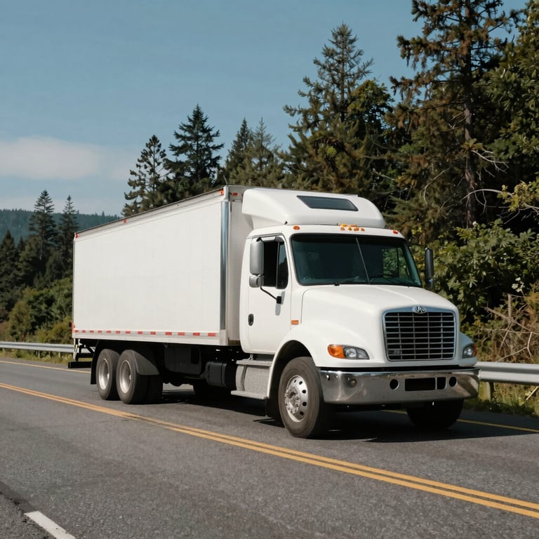 A white reefer truck traveling on a scenic highway in the North American Pacific Northwest under clear skies.
