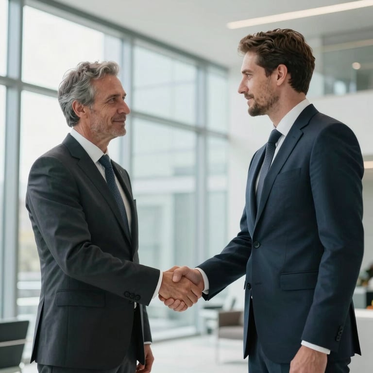 Two executives in professional attire shaking hands in a bright, modern glass lobby with dark charcoal accents.