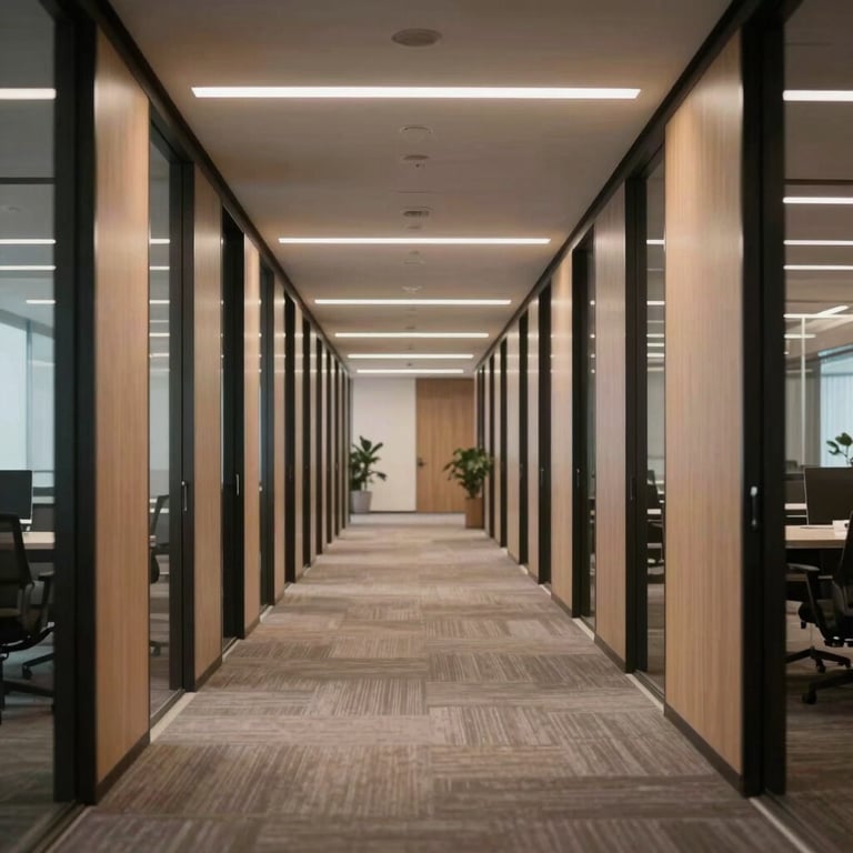 A wide corridor in a modern media firm with geometric lighting and a sophisticated atmosphere.