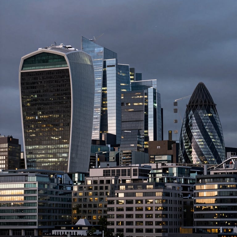 London skyline at dusk, sharp architectural details of glass towers under a dark slate sky.