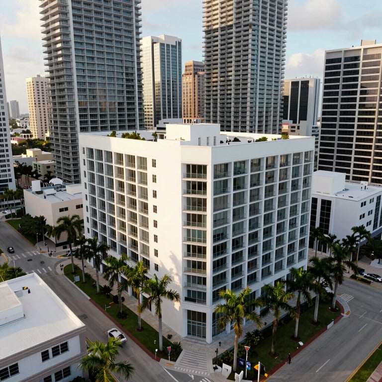 Aerial view of the Miami business district, featuring modern white architecture and lush palm trees in soft daylight.