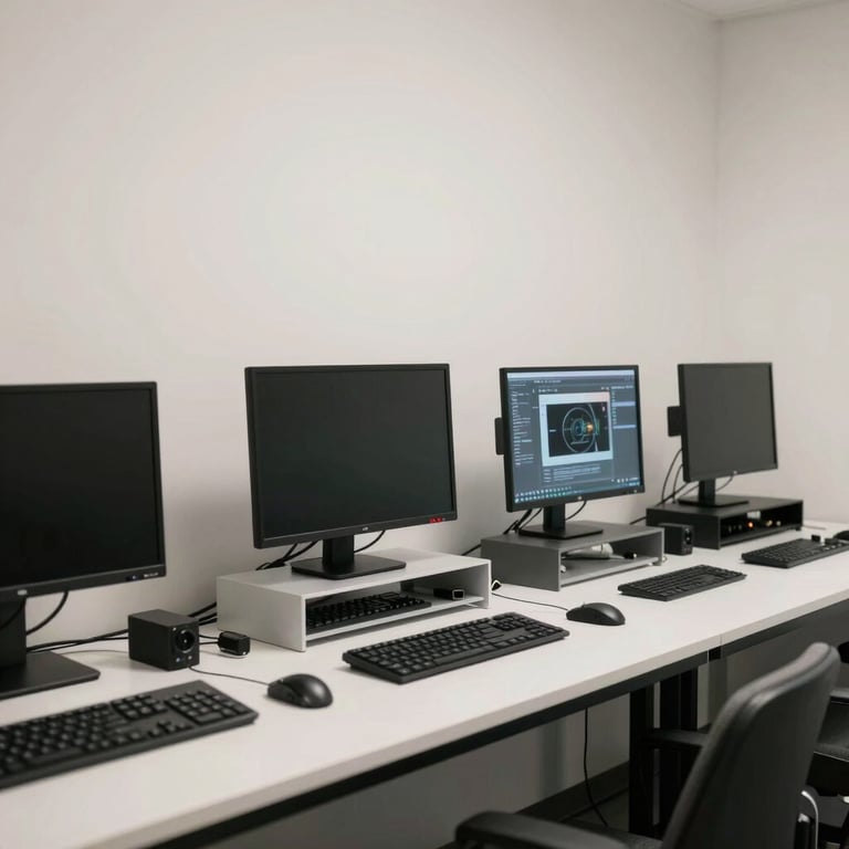 A minimalist tech lab in Los Angeles with soft off-white walls and state-of-the-art media equipment.