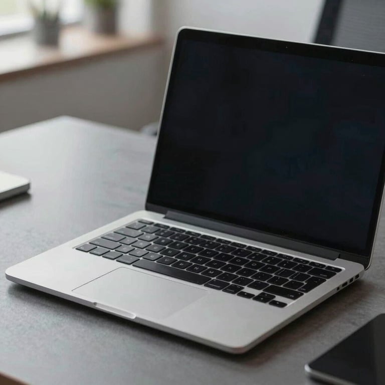 A close-up of a high-end laptop on a slate gray desk in a clean, professional office setting.