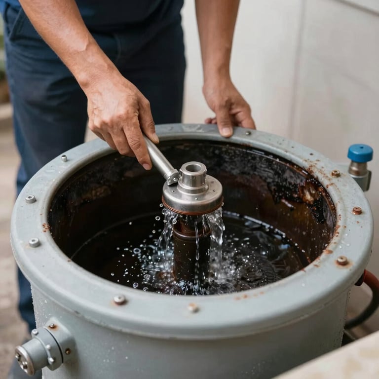 Close-up of a perfectly cleaned residential grease trap after maintenance by LG Soluções professionals.