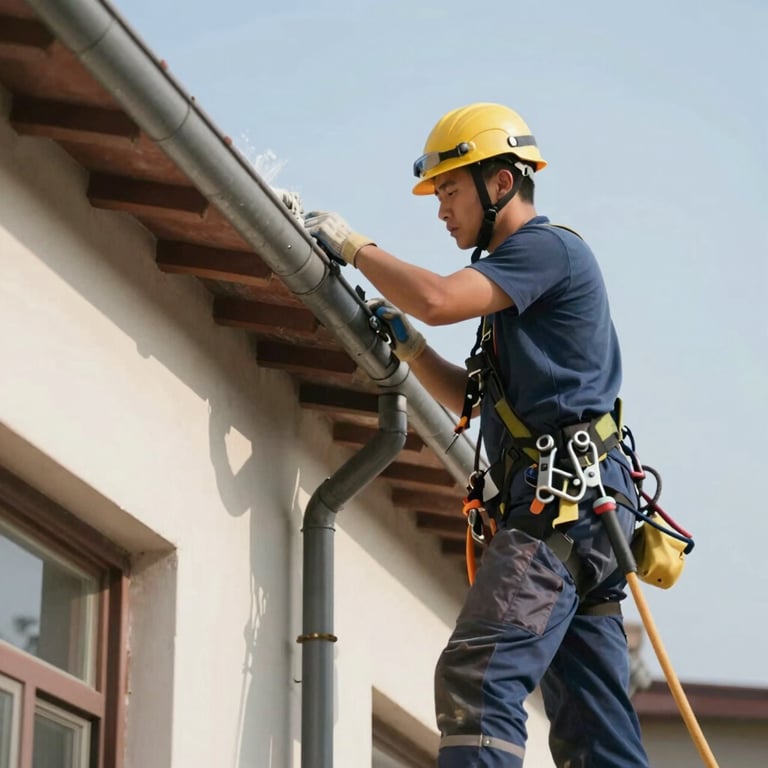 Worker cleaning building gutters (calhas) using safety equipment and professional tools under bright daylight.