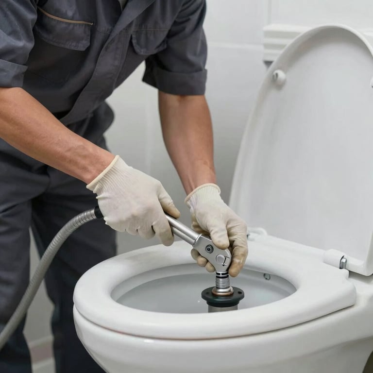Technician in uniform performing a professional toilet unclogging with specialized tools, very clean and efficient style. #1A2F40 colors.