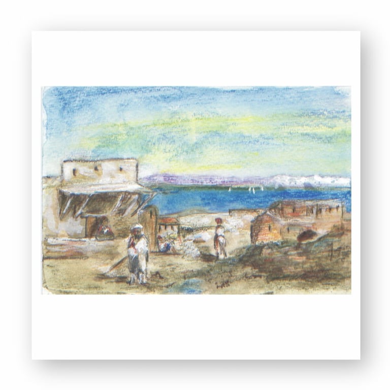 Impressionist watercolor painting of a coastal Mediterranean village with figures by the sea.