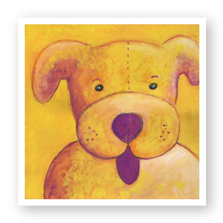 Whimsical folk art painting of a yellow dog with a purple nose on a textured gold background.