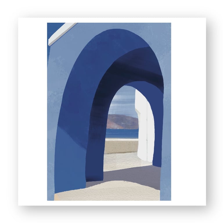 Digital painting of a blue Greek archway overlooking the Mediterranean Sea in Santorini.