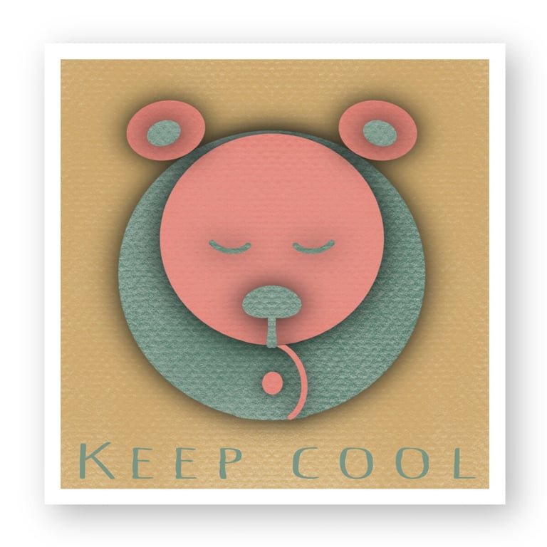 Minimalist bear illustration with Keep Cool text in a textured paper cutout art style.