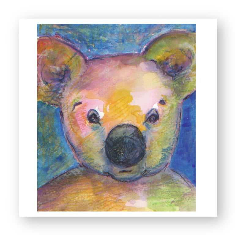 Colorful watercolor painting of a koala face with artistic textures and blue background.