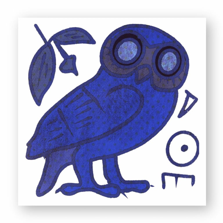 Stylized blue owl illustration inspired by an ancient Greek silver tetradrachm coin.