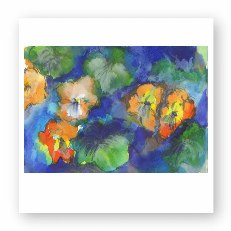 Vibrant watercolor painting of orange nasturtium flowers with green leaves on a blue background.