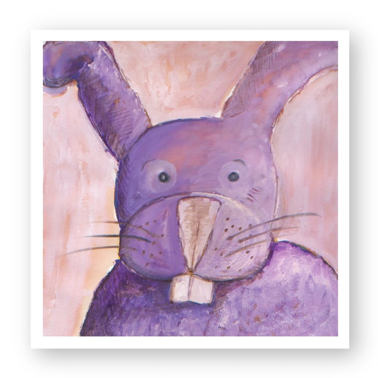 Whimsical purple bunny painting featuring a cute rabbit with long ears and buck teeth on a pink background.