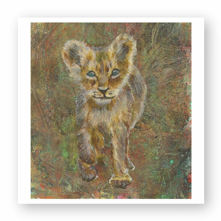 Impressionist painting of a baby lion cub walking forward on an earthy textured background.