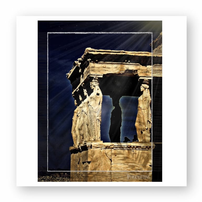 Erechtheion Temple Caryatids on the Acropolis of Athens under a starry night sky with light rays.