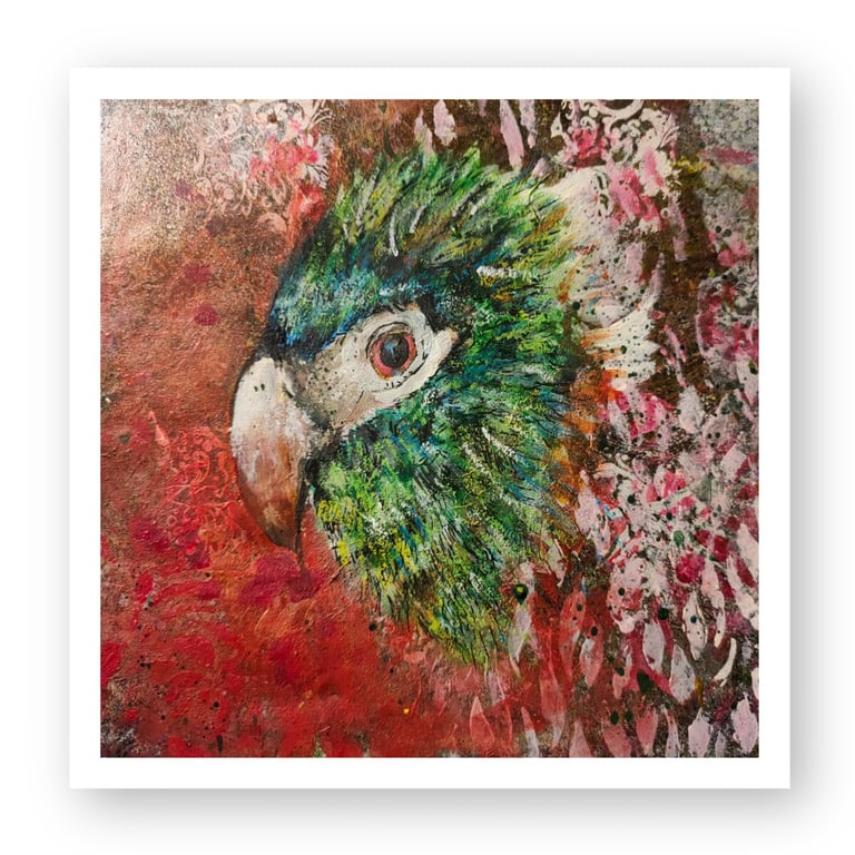 Abstract parrot painting with vibrant green feathers and textured red and pink background.