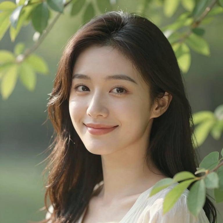 Soft-focus portrait of a woman smiling gently, surrounded by delicate green foliage, soft natural morning daylight.