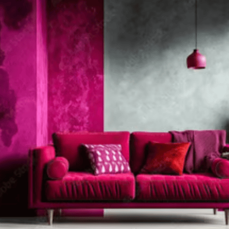 Modern living room featuring a vibrant magenta velvet sofa against a bold pink and gray textured wall.