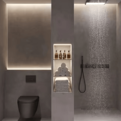 Modern minimalist bathroom featuring a black wall-hung toilet and rainfall walk-in shower with LED cove lighting.