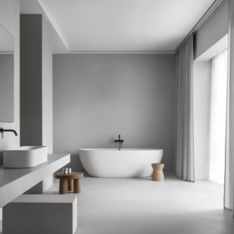 A minimalist, modern bathroom featuring a freestanding white bathtub and walls finished in stylish m