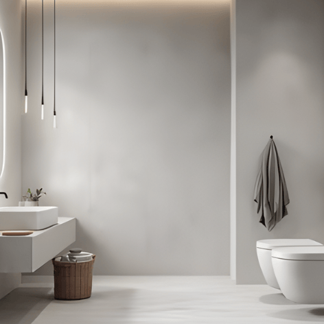 Modern minimalist bathroom with white vanity, hanging pendant lights, and sleek wall-hung toilet.