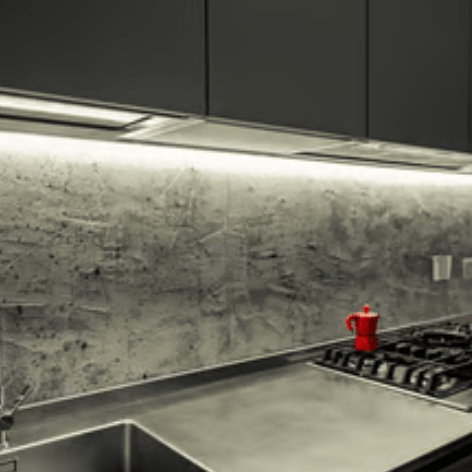 Microcement application Modern kitchen with LED lighting under the cabinets,