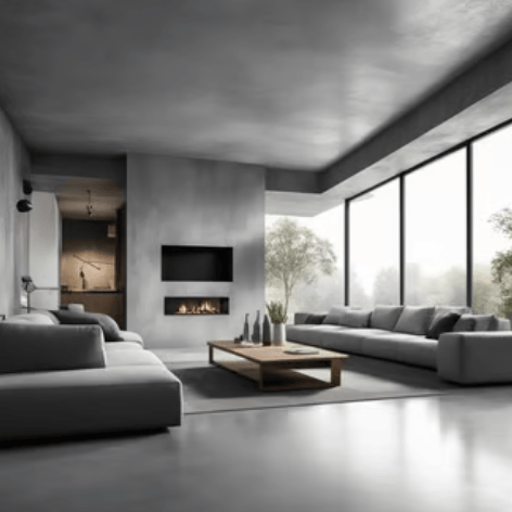 Modern, minimalist living room with gray microcement, large floor-to-ceiling windows, and built-in f