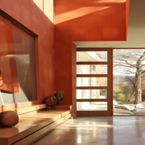 Modern interior—microcement with bright orange walls, sunlight, and a glass door overlooking the gar