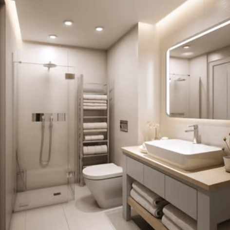 Modern bathroom interior featuring a walk-in glass shower, vanity sink, and warm LED lighting.
