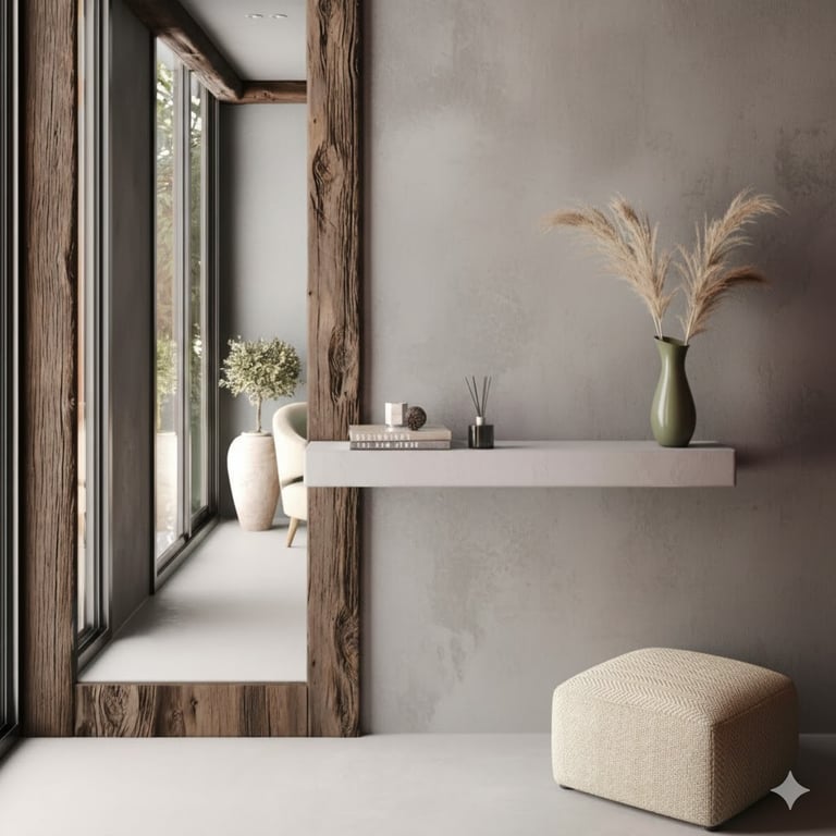 Entrance hall, featuring a minimalist and modern microcement finish with a rustic wooden mirror