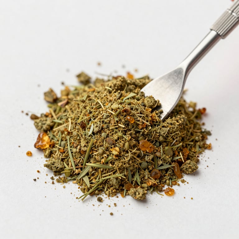 Macro top-down view of fine amber botanical powder next to a precise stainless steel lab spatula, bright diffused daylight, clean clinical aesthetic.
