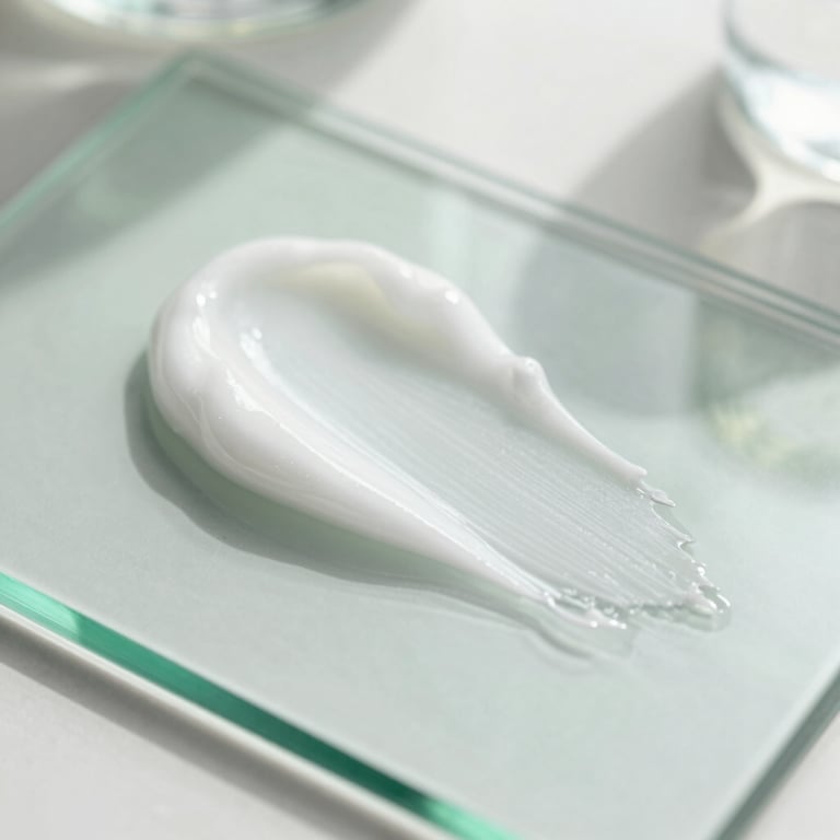 Macro photography of a rich white skincare emulsion swiped on a sterile glass surface, bright natural daylight, clean laboratory setting, soft shadows.