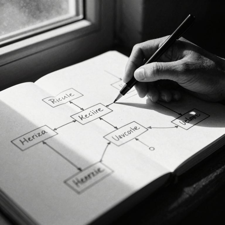 Close-up of hand-drawn organizational topology diagram on a clean notebook page, dramatic natural window light, high contrast, black and white, 35mm film grain
