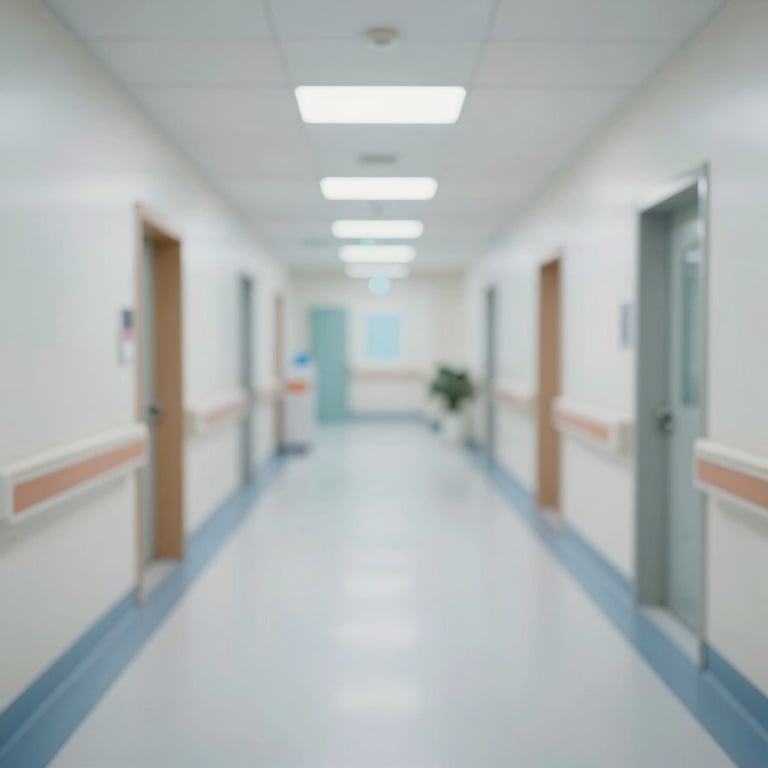 A wide shot of a sterilized hospital or clinic hallway, showing the high level of sanitization and professionalism offered.