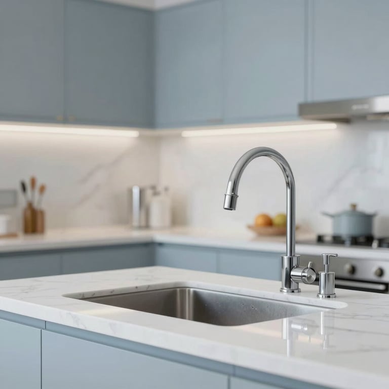 A spotless, modern kitchen with white marble countertops and polished chrome fixtures, radiating cleanliness in #F0F4F8.