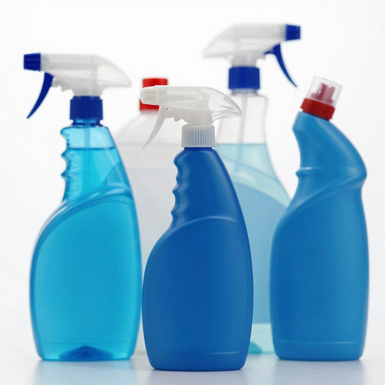 Close-up of organized, eco-friendly cleaning supplies in blue bottles against a clean white background.