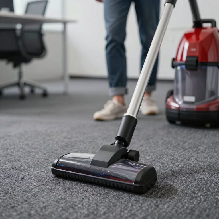 A professional vacuum cleaner being used on a dark grey carpet in a sleek office setting, highlighting deep cleaning precision.