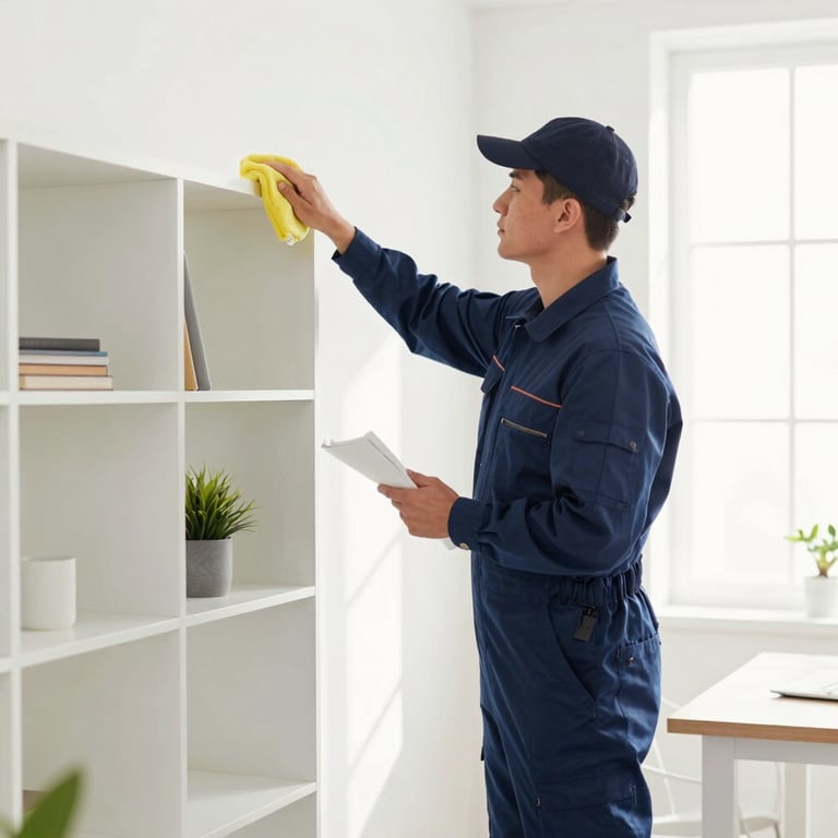A worker in a neat navy uniform (#1A202C) dusting a modern minimalist shelving unit in a sunlit home office.