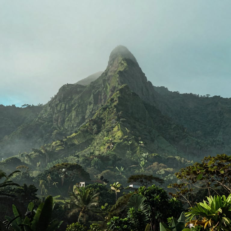 A misty morning view of the lush central mountain range of the South Pacific under a soft sky teal light.