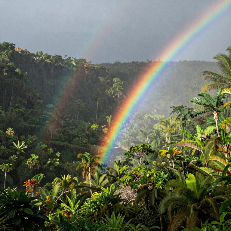A rainbow stretching across a dense green tropical valley in New Caledonia after a warm rain shower.