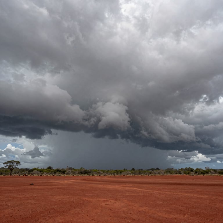 Dramatic storm clouds gathering over the red soil landscape of southern New Caledonia, South Pacific atmosphere.