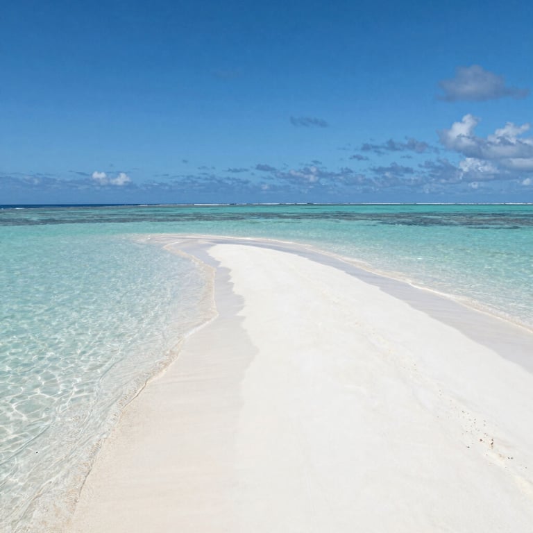 Bright tropical sunlight over a small white sand islet in the Loyalty Islands, crystal clear ocean.