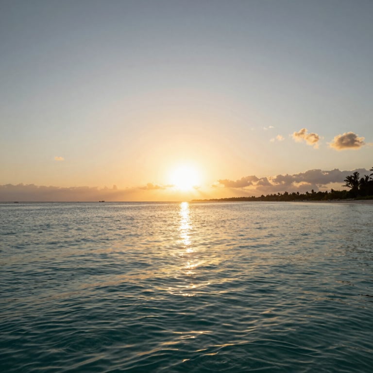 A golden hour sunset over a peaceful New Caledonian beach with calm ripples in lagoon teal waters.
