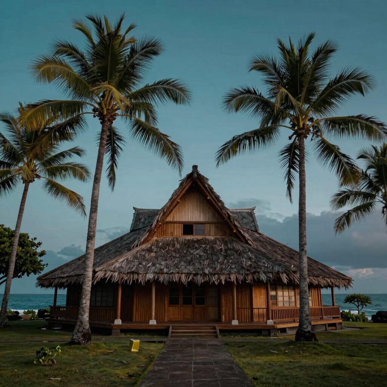 Traditional Pacific architecture nestled among palm trees under a deep ocean teal twilight sky.