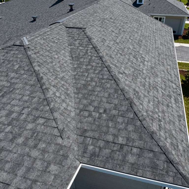 A clean drone shot of a newly completed residential roof with architectural shingles, bright daylight, flawless alignment, crisp gutter lines.