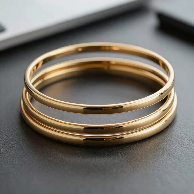 A stack of office wear bangles featuring minimalist 18K gold plating, reflecting soft natural light.