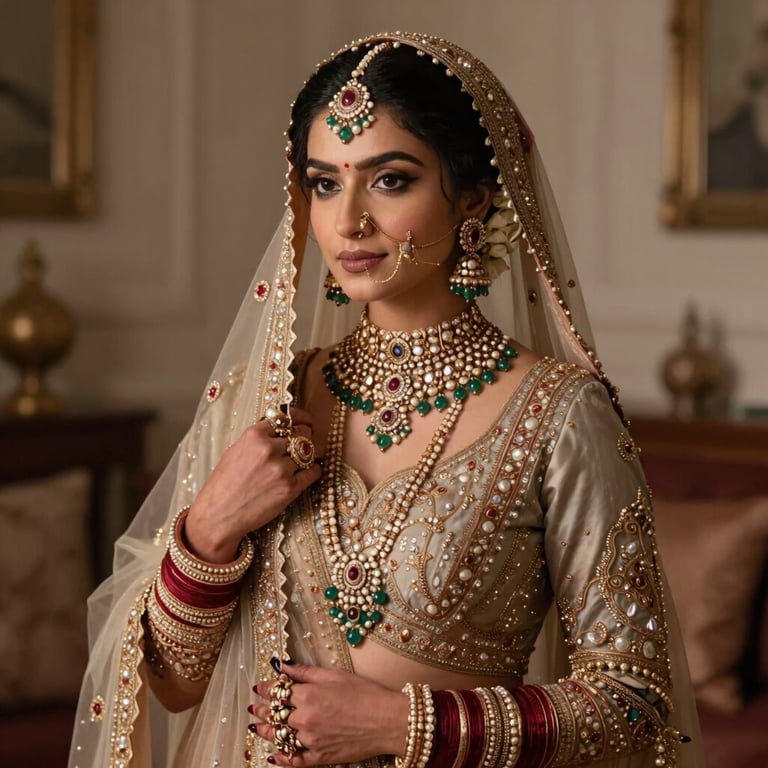 South Asian bridal ensemble featuring handcrafted jewelry sets in a warm, sophisticated interior setting.
